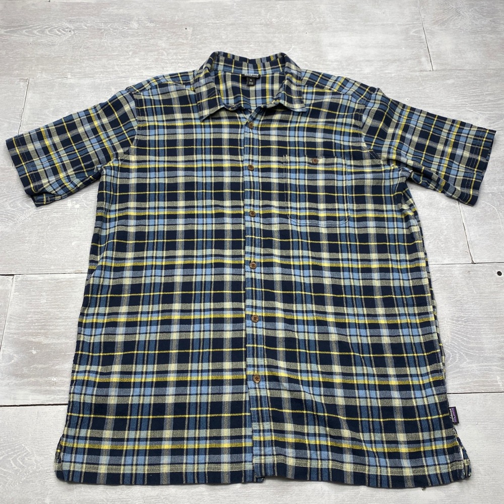 Patagonia Organic Cotton Plaid Shirt Mens XL Blue Yellow Short Sleeve Button Up